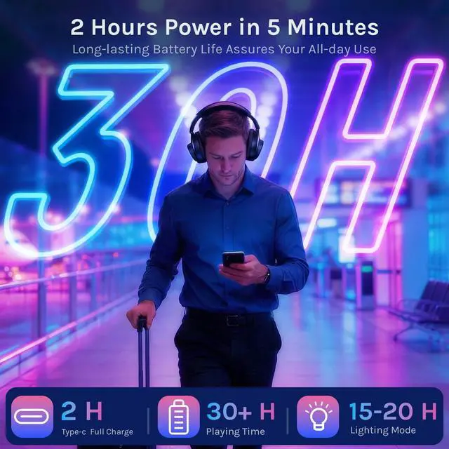 Alt view image 7 of 7 - Open Ear Headphones, Bluetooth 6.0 Wireless Headset with Detachable Mic, Adjustable RGB Lights, Voice Assistant Comfortable Breathable Safe Lightweight Over Ear Headphones for Working Gaming