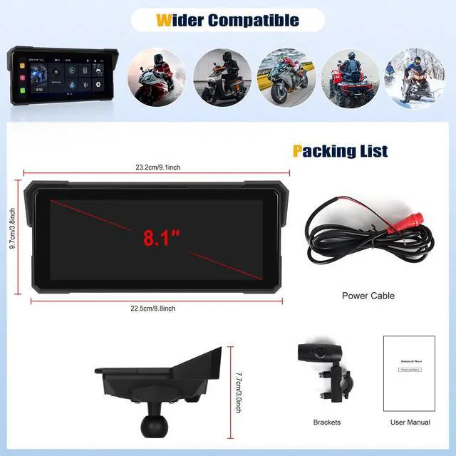 Alt view image 7 of 7 - 8.1 Inch IPS Waterproof Portable CarPlay Screen for Motorcycle with Wireless CarPlay&Android Auto,GPS Display,Bluetooth,TF Port,Support Siri,12V Power Supply
