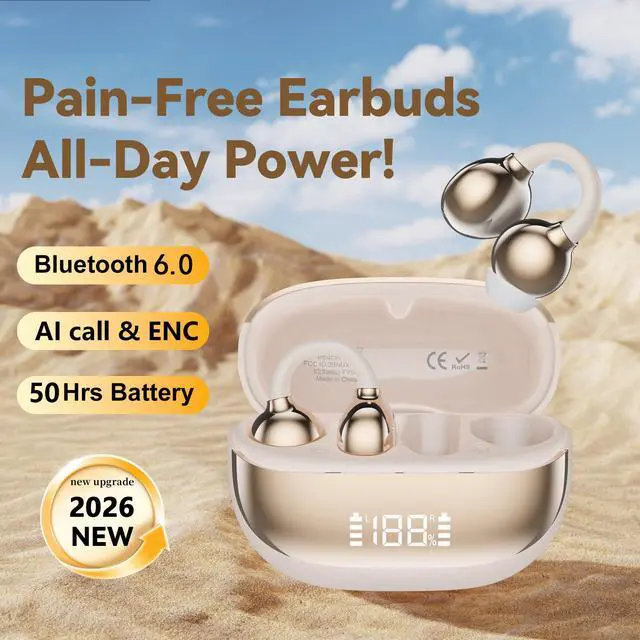Alt view image 5 of 7 - 2026 Wireless Earbuds, Bluetooth 6.0, Open-Ear Clip Earbuds Comfortable and Secure wear, 50h Battery Life, Suitable for Sports and Fitness, Waterproof, Compatible with iPhone and Android