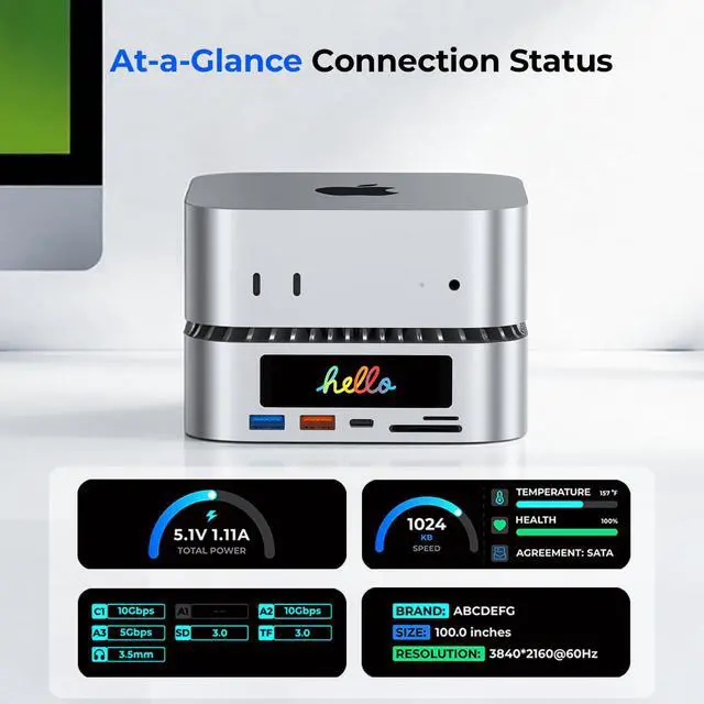 Alt view image 3 of 7 - All-in-One Dock for Mac mini M4 with Smart Displays, NVMe/SATA SSD Enclosure, 4K60Hz HDMI, 10G USB-A/C, 5G USB-A*2, USB-C Charging, SD/TF, Audio Mac mini M4 HUB &Docking Station(2024)