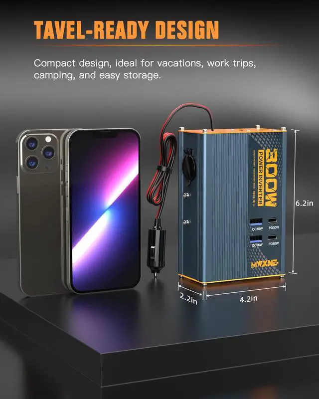 Alt view image 6 of 7 - 300W Power Inverter DC 12V to 110V AC Adapter with Dual AC Outlets/2 PD30W USB-C/2 QC18W USB Ports/1 Cigarette Lighter Outlet - Ideal Car Charger for Laptops