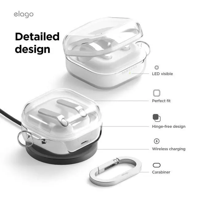 Alt view image 6 of 7 - Clear Case for Galaxy Buds 4 Pro & Galaxy Buds 4 | Carabiner Included, Premium TPU Cover, Wireless Charging, Headphone Accessories, for Men, for Women (Clear)