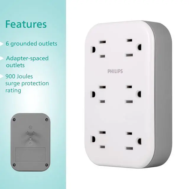 Alt view image 2 of 6 - EZFit 6-Outlet Surge Protector Outlet Extender, Wall Tap, Grounded Widely Spaced Outlets, 900 Joules, for Home Office Dorm Essentials, White, SPP6602W/37