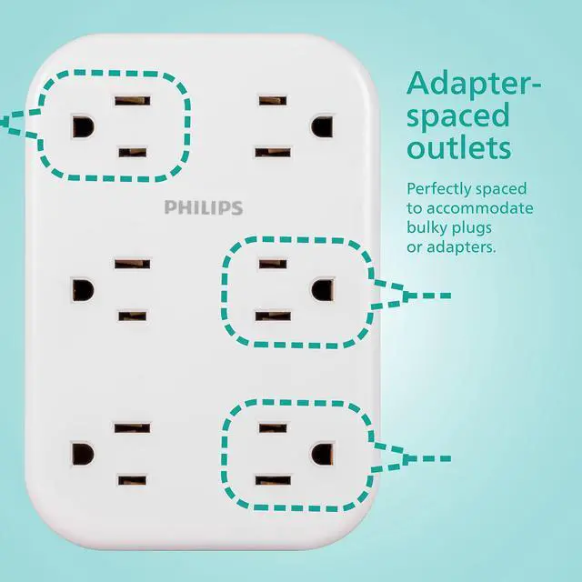 Alt view image 3 of 6 - EZFit 6-Outlet Surge Protector Outlet Extender, Wall Tap, Grounded Widely Spaced Outlets, 900 Joules, for Home Office Dorm Essentials, White, SPP6602W/37