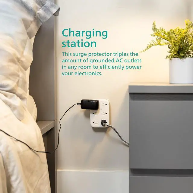 Alt view image 4 of 6 - EZFit 6-Outlet Surge Protector Outlet Extender, Wall Tap, Grounded Widely Spaced Outlets, 900 Joules, for Home Office Dorm Essentials, White, SPP6602W/37