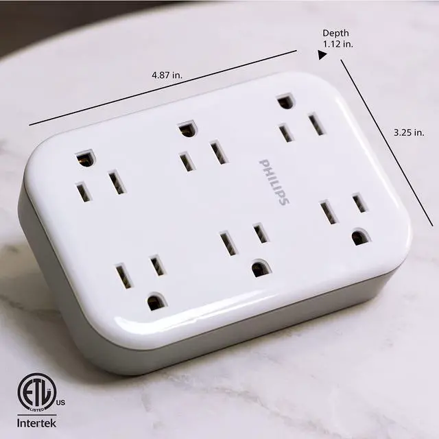 Alt view image 6 of 6 - EZFit 6-Outlet Surge Protector Outlet Extender, Wall Tap, Grounded Widely Spaced Outlets, 900 Joules, for Home Office Dorm Essentials, White, SPP6602W/37