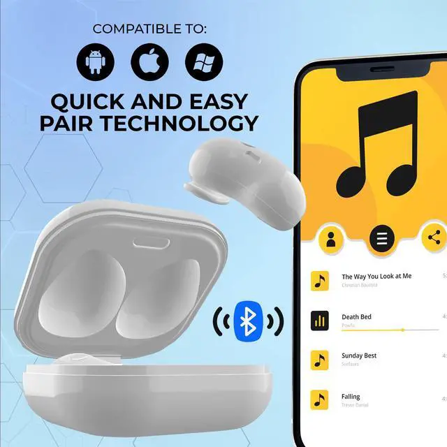 Alt view image 3 of 6 - Slim Ear Buds, Wireless Bluetooth Ear Buds, Bean Style Earbuds, White | Stable Bluetooth Listening, Compatible with iPhone Android Tablets Laptops, USB-C Charging, Touch Controls, For Commuting