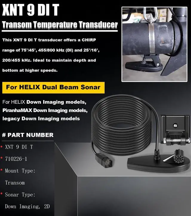 Alt view image 5 of 7 - XNT-9-DI-T Transom Temperature Transducer for Humminbird Helix with Dual Beam Sonar and Down Imaging 710226-1 200/455 kHz, 20 Feet Cable Length Down Imaging, Black