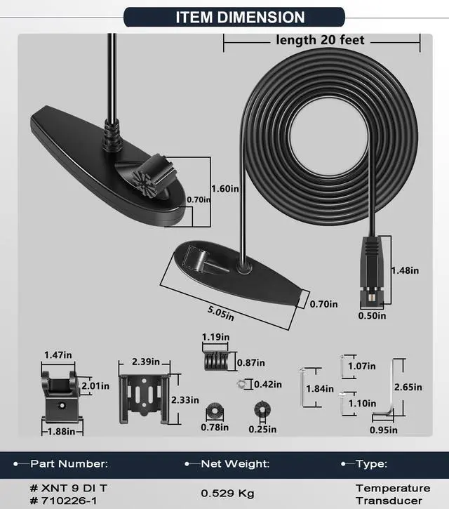 Alt view image 7 of 7 - XNT-9-DI-T Transom Temperature Transducer for Humminbird Helix with Dual Beam Sonar and Down Imaging 710226-1 200/455 kHz, 20 Feet Cable Length Down Imaging, Black