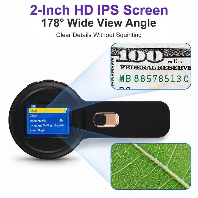 Alt view image 2 of 7 - 10-200X Autofocus Digital Microscope, Portable Handheld Scope with 2in IPS Screen & Dual LED Light, Electronic Magnifier for Coin Check, Suitable for Adults and Children, Black