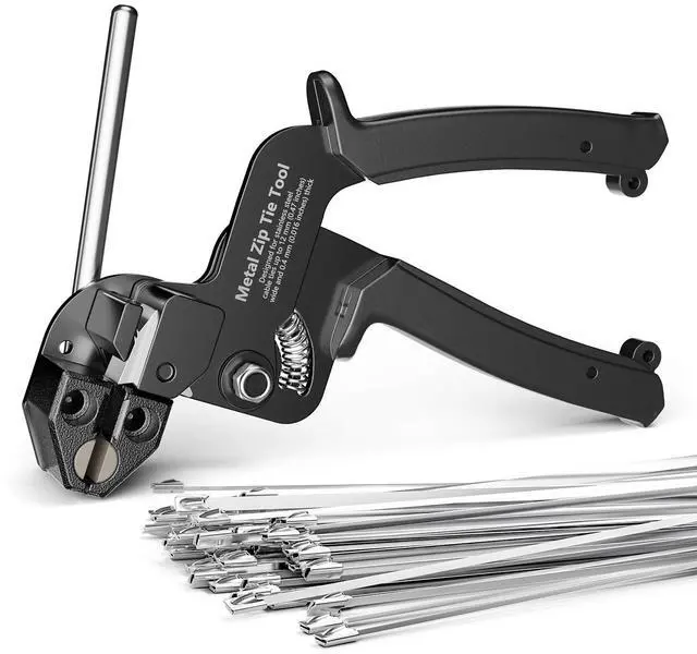 Main image of Metal Zip Tie Tool with 100 Pcs 11.8 Inch Stainless Steel Zip Ties | Heavy Duty Cable Tie Gun, Cutter and Tighter, for Chain Link Fence, Chicken Coop, Exhaust Pipesr, Black