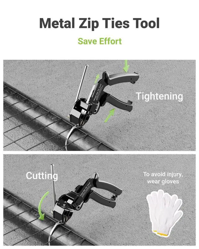 Alt view image 2 of 7 - Metal Zip Tie Tool with 100 Pcs 11.8 Inch Stainless Steel Zip Ties | Heavy Duty Cable Tie Gun, Cutter and Tighter, for Chain Link Fence, Chicken Coop, Exhaust Pipesr, Black