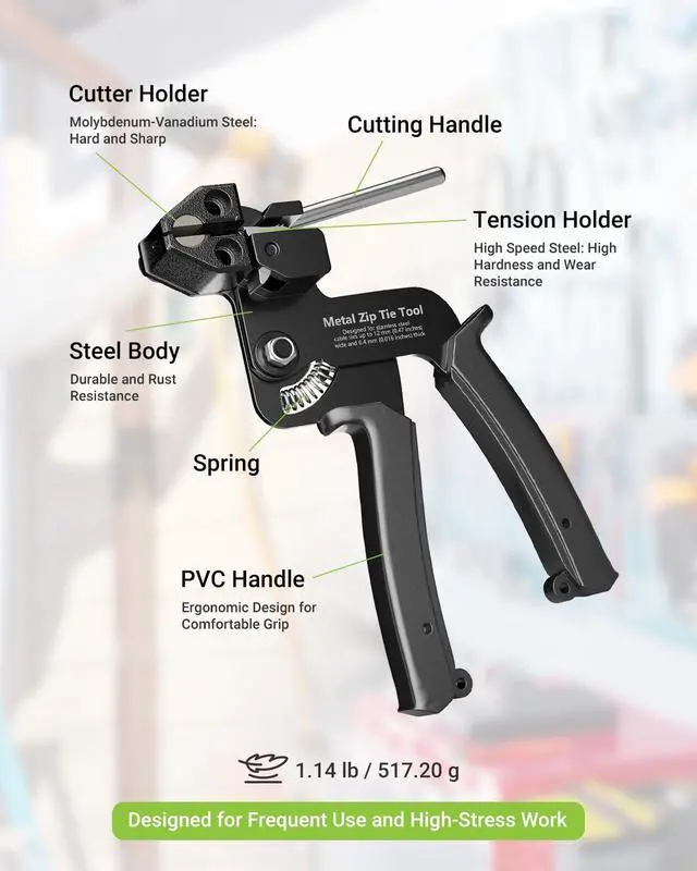 Alt view image 6 of 7 - Metal Zip Tie Tool with 100 Pcs 11.8 Inch Stainless Steel Zip Ties | Heavy Duty Cable Tie Gun, Cutter and Tighter, for Chain Link Fence, Chicken Coop, Exhaust Pipesr, Black