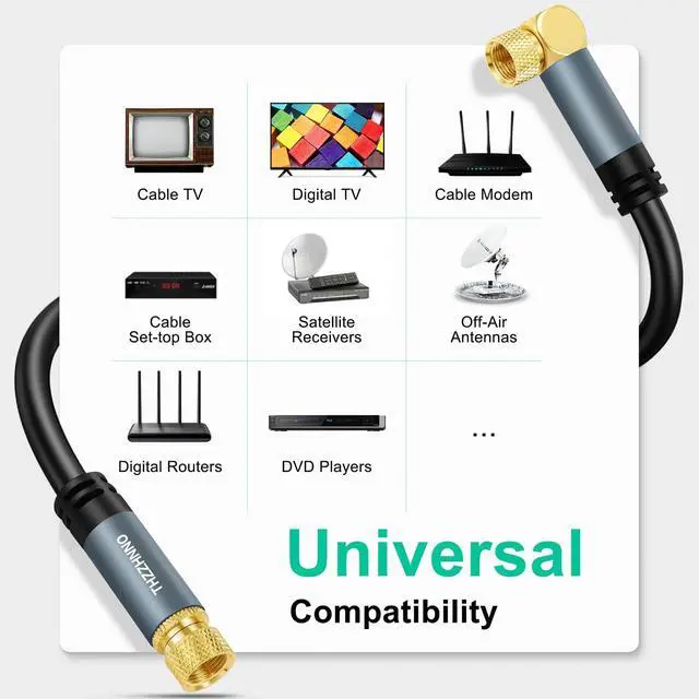 Alt view image 4 of 7 - 15FT Coaxial Cable, F-Type Connector, 90 Degree Angled to Straight Male, Compatible with TV, Radio, DVB-T2/C/S, Cable Modem, Satellite Receivers