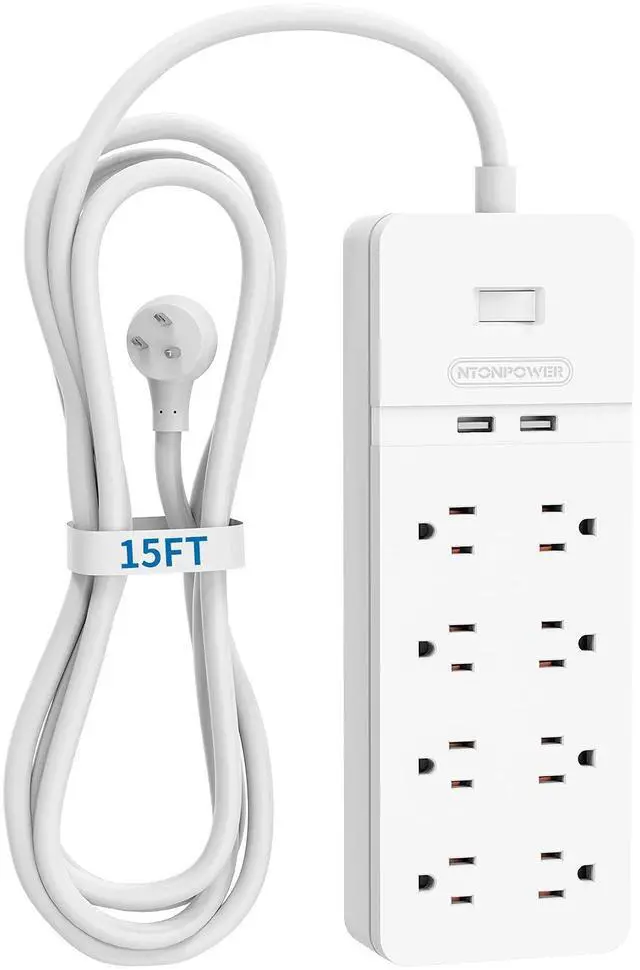 Main image of Flat Plug Extension Cord 15Ft - 8 Outlets Surge Protector Power Strip with 2 USB, Overload Protection, 1080 Joules, ETL Listed, 15A/1850W, Wall Mountable for Home Office and Workbench, White