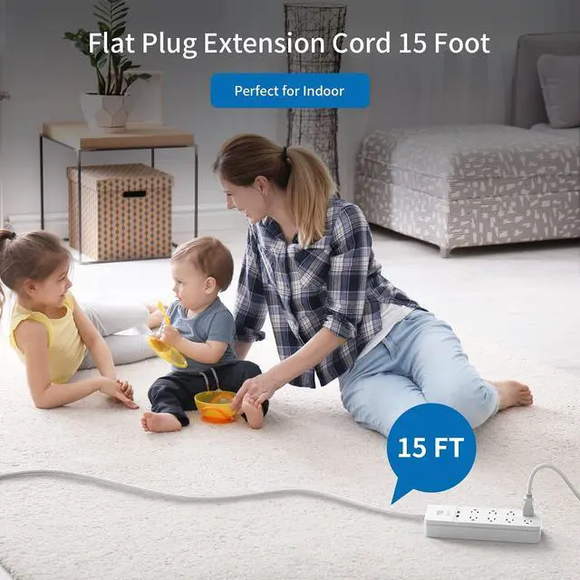 Alt view image 2 of 7 - Flat Plug Extension Cord 15Ft - 8 Outlets Surge Protector Power Strip with 2 USB, Overload Protection, 1080 Joules, ETL Listed, 15A/1850W, Wall Mountable for Home Office and Workbench, White