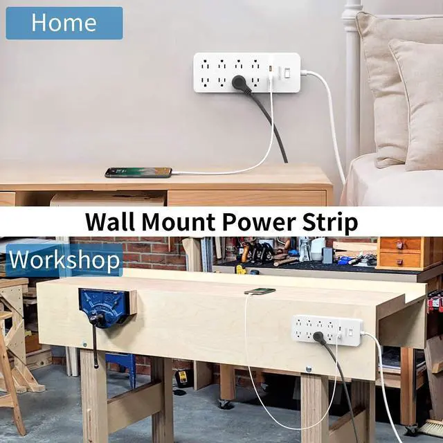 Alt view image 6 of 7 - Flat Plug Extension Cord 15Ft - 8 Outlets Surge Protector Power Strip with 2 USB, Overload Protection, 1080 Joules, ETL Listed, 15A/1850W, Wall Mountable for Home Office and Workbench, White
