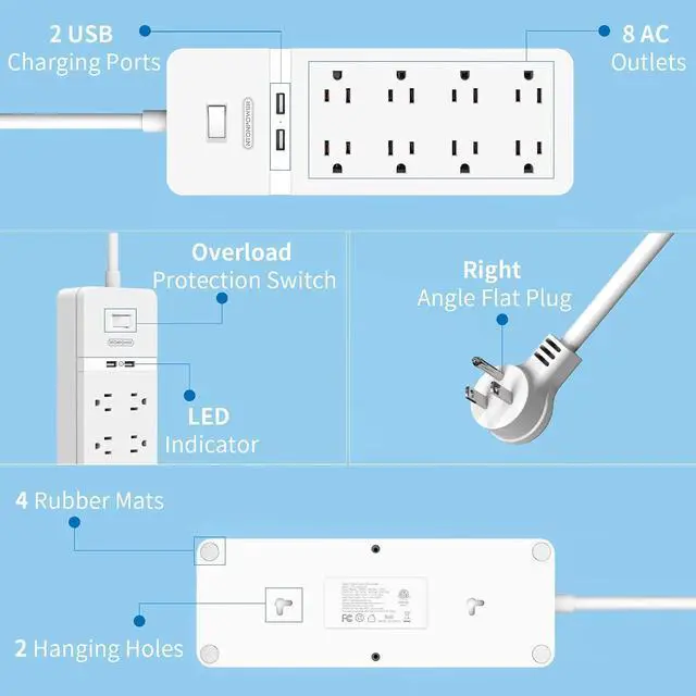 Alt view image 7 of 7 - Flat Plug Extension Cord 15Ft - 8 Outlets Surge Protector Power Strip with 2 USB, Overload Protection, 1080 Joules, ETL Listed, 15A/1850W, Wall Mountable for Home Office and Workbench, White