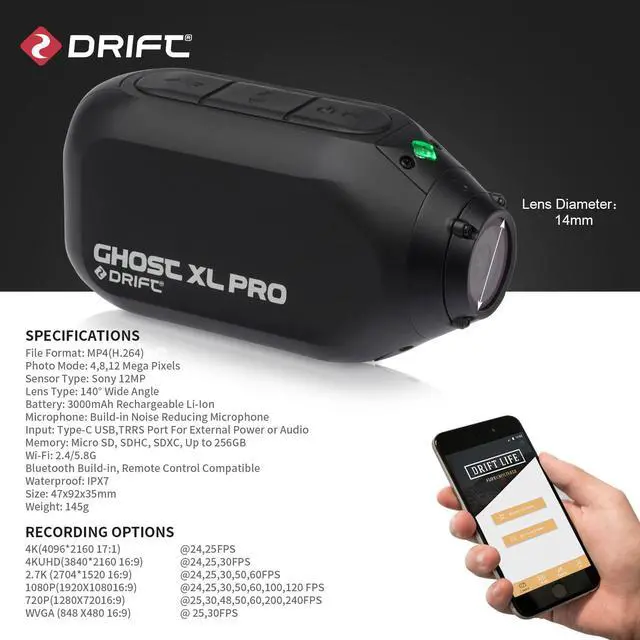 Alt view image 7 of 7 - Drift Ghost XL PRO Sport Action Camera 4K Sport WiFi IPX7 Waterproof Wearable Live Stream Vlog Motorcycle Bicycle Helmet Cam