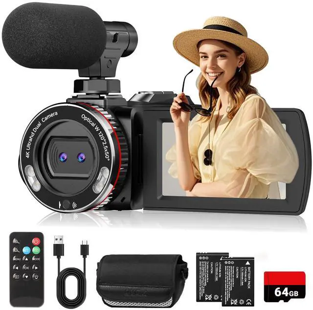 Main image of 4K 64MP Dual Lens Video Camcorder for Vlogging YouTube, 3.0" Flip Screen Digital Camera Recorder, 18X Digital Zoom Camcorder Kit with External Stereo Microphone, Remote, 64GB Card & 2 Batteries
