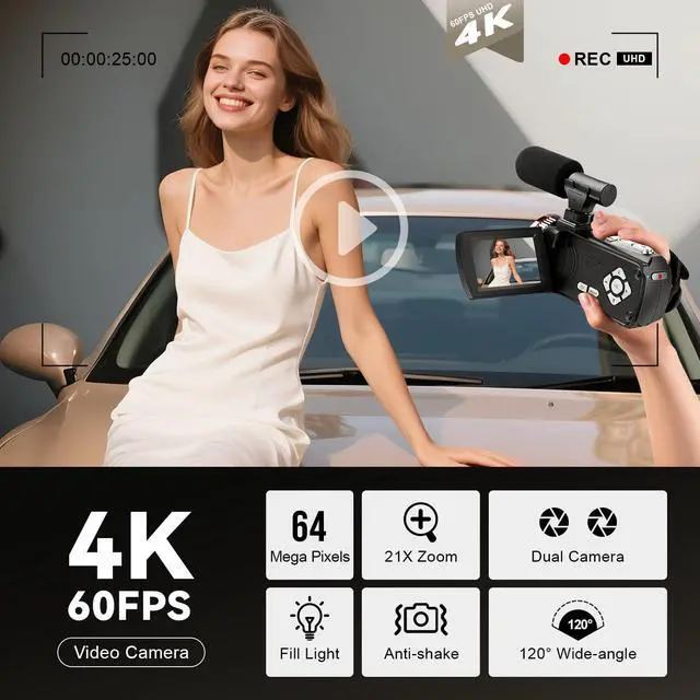 Alt view image 3 of 7 - 4K 64MP Dual Lens Video Camcorder for Vlogging YouTube, 3.0" Flip Screen Digital Camera Recorder, 18X Digital Zoom Camcorder Kit with External Stereo Microphone, Remote, 64GB Card & 2 Batteries