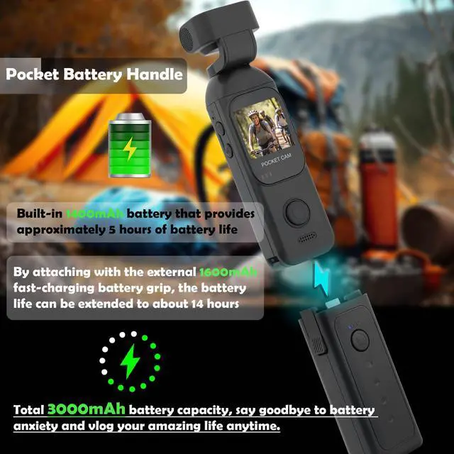 Alt view image 4 of 7 - Vlogging Camera 1080P with External 7 Hours Battery Handle Grip | Pocket Camera, Body Cam, Touch Screen, WiFi, Dual Adjust Rotated 330 Degrees Lens, 32GB Card, Vlogs for daily life, travel