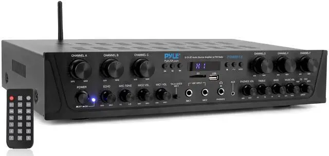 Main image of Wireless Home Audio Amplifier System - Bluetooth Compatible 6 Channel Stereo Receiver, 600W Max Power, Simple Karaoke with Dual Mic Inputs with Tone Control, PA with Talk Over - PTA66BT.6