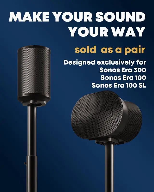 Alt view image 2 of 7 - Speaker Stands for Sonos Era 100, 100 SL & Era 300 - Hidden Cable, 1 Pair | Sturdiness, Easy to Assemble, 29.139'' Height Adjustable, Two Base Mounting Options, Black, Max holds 11lbs(per one)