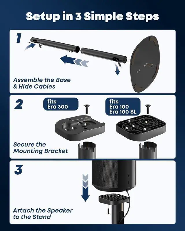 Alt view image 6 of 7 - Speaker Stands for Sonos Era 100, 100 SL & Era 300 - Hidden Cable, 1 Pair | Sturdiness, Easy to Assemble, 29.139'' Height Adjustable, Two Base Mounting Options, Black, Max holds 11lbs(per one)