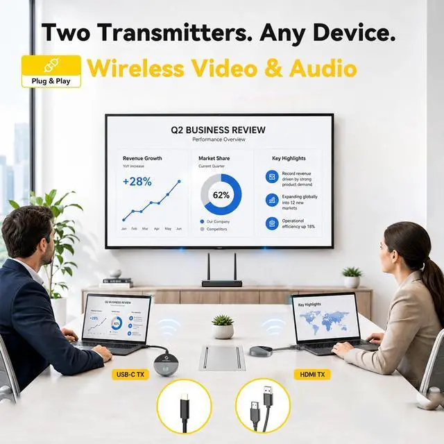 Alt view image 2 of 7 - Wireless HDMI Transmitter and Receiver, USB-C & HDMI Adapter, 1080P@60Hz | 328 ft Range, 2.4G/5G, Plug and Play, Up to 32 Transmitters, Audio & Video Streaming from Laptop, Phone to Monitor, Projector