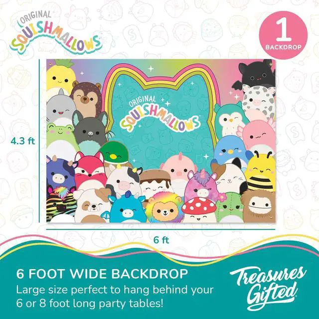 Alt view image 2 of 6 - Officially Licensed Squishmallows Party Supplies - 4.3ft Tall x 6ft Wide Backdrop - Squishmallows Birthday Decorations - Silky Fabric Birthday Banner Backdrop