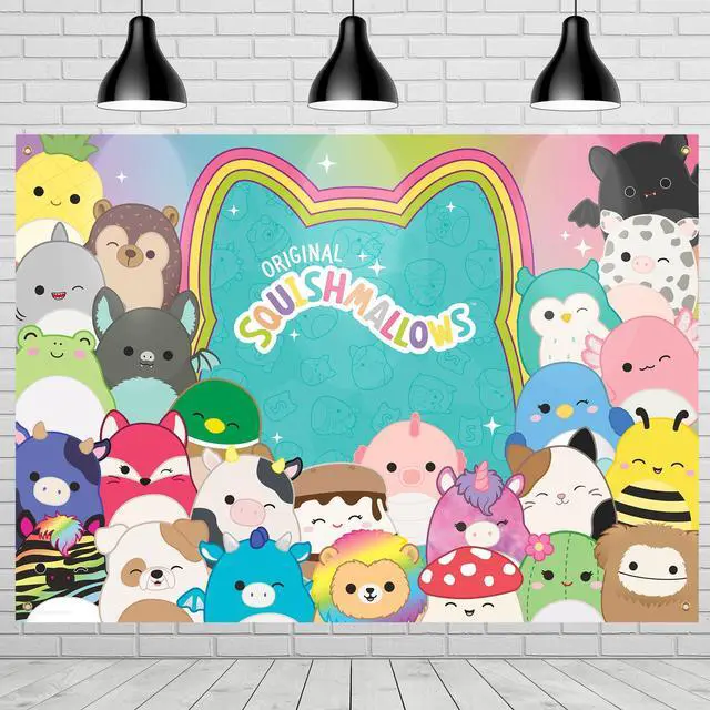 Main image of Officially Licensed Squishmallows Party Supplies - 4.3ft Tall x 6ft Wide Backdrop - Squishmallows Birthday Decorations - Silky Fabric Birthday Banner Backdrop