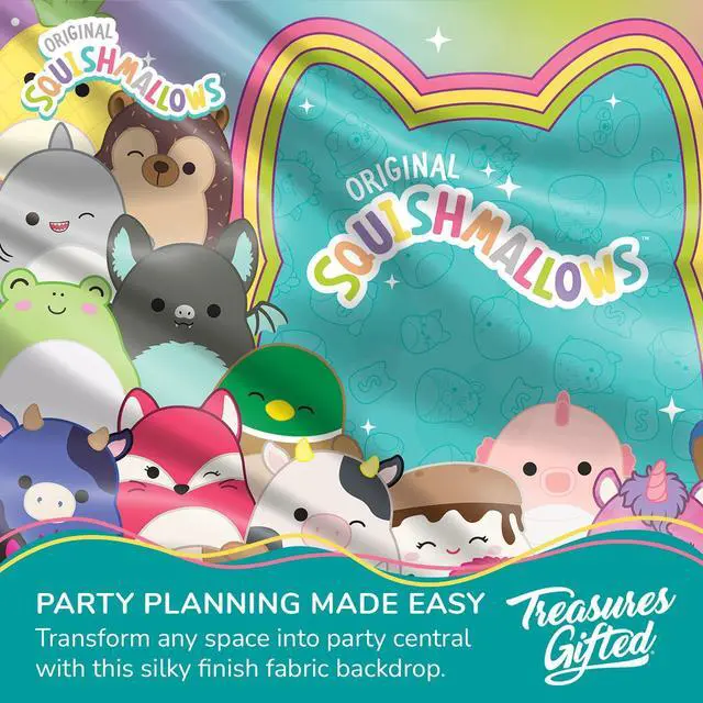 Alt view image 3 of 6 - Officially Licensed Squishmallows Party Supplies - 4.3ft Tall x 6ft Wide Backdrop - Squishmallows Birthday Decorations - Silky Fabric Birthday Banner Backdrop