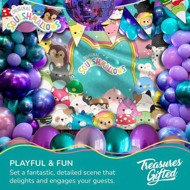 Alt view image 4 of 6 - Officially Licensed Squishmallows Party Supplies - 4.3ft Tall x 6ft Wide Backdrop - Squishmallows Birthday Decorations - Silky Fabric Birthday Banner Backdrop