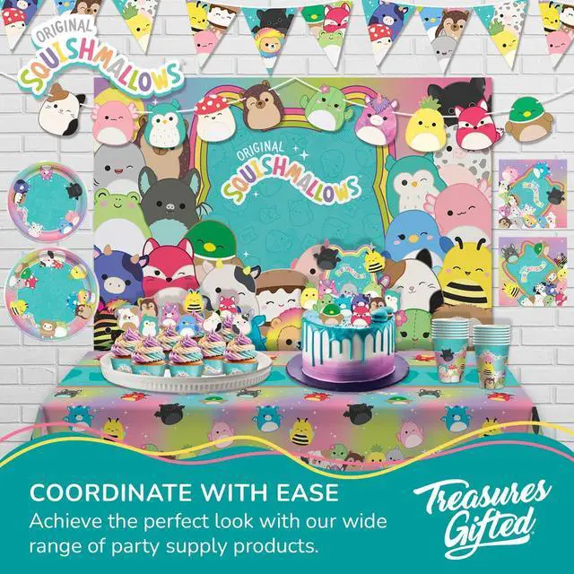 Alt view image 6 of 6 - Officially Licensed Squishmallows Party Supplies - 4.3ft Tall x 6ft Wide Backdrop - Squishmallows Birthday Decorations - Silky Fabric Birthday Banner Backdrop