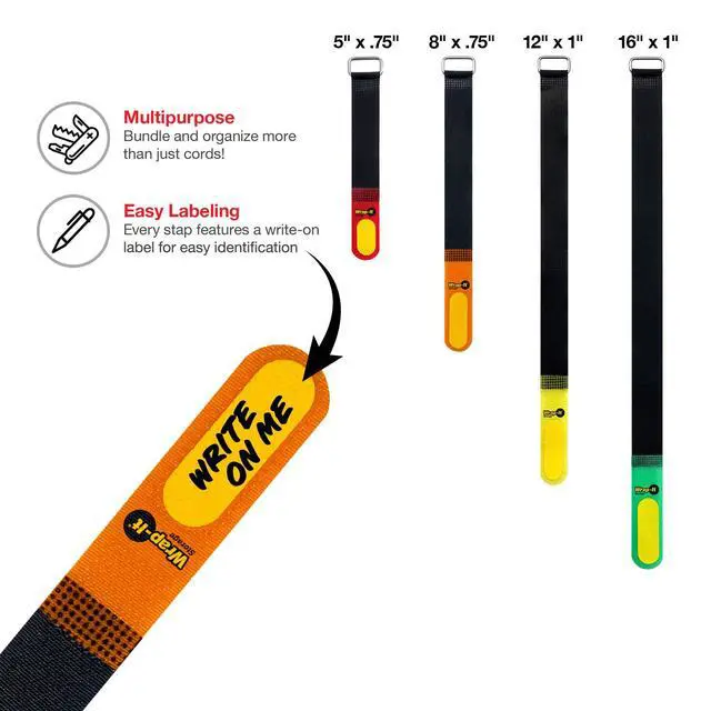 Alt view image 3 of 7 - Hook and Loop Cinch-Straps (Assorted 16 Pack) | Write on Label for Easy Cord Identification and Cable Management, Reusable Multi-Purpose Securing Cinch Straps