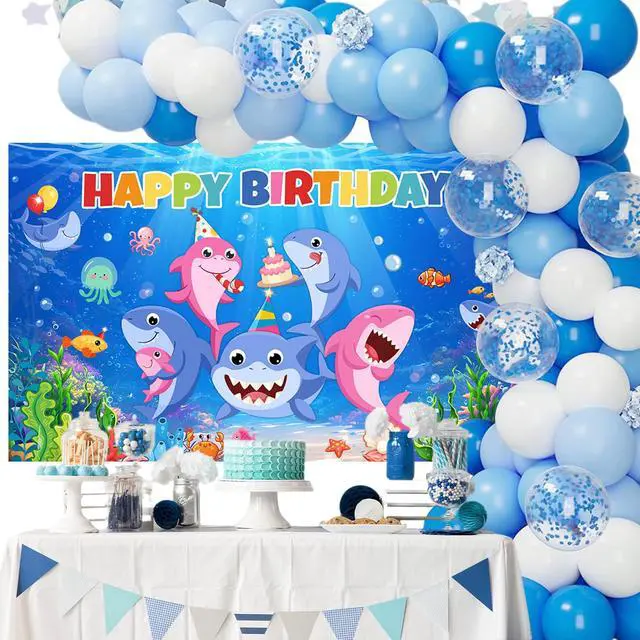 Alt view image 2 of 6 - Shark Birthday Backdrop Decorations | Cartoon Shark Banner Background for Kids Birthday Decorations, Under The Sea Theme Party Supplies