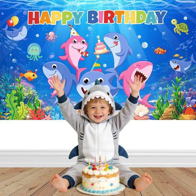 Alt view image 3 of 6 - Shark Birthday Backdrop Decorations | Cartoon Shark Banner Background for Kids Birthday Decorations, Under The Sea Theme Party Supplies