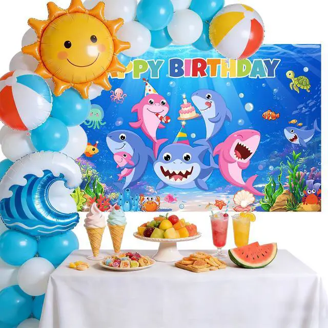 Alt view image 4 of 6 - Shark Birthday Backdrop Decorations | Cartoon Shark Banner Background for Kids Birthday Decorations, Under The Sea Theme Party Supplies