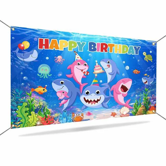 Alt view image 5 of 6 - Shark Birthday Backdrop Decorations | Cartoon Shark Banner Background for Kids Birthday Decorations, Under The Sea Theme Party Supplies
