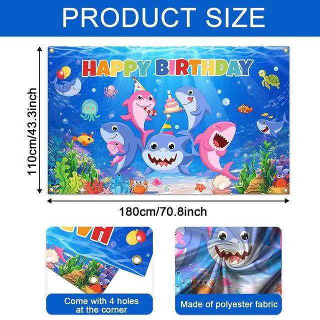 Alt view image 6 of 6 - Shark Birthday Backdrop Decorations | Cartoon Shark Banner Background for Kids Birthday Decorations, Under The Sea Theme Party Supplies