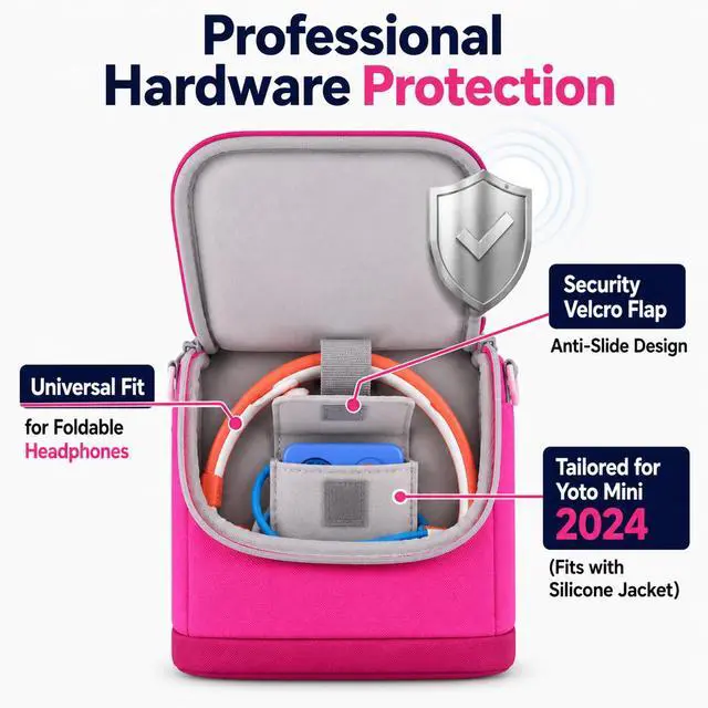Alt view image 5 of 7 - Carrying Case for Yoto Mini 2024, Fits 42 Cards & Headphones | Velcro-secured pockets, polyester shell, strap works as shoulder carry or car headrest mount, compact travel audio organizer