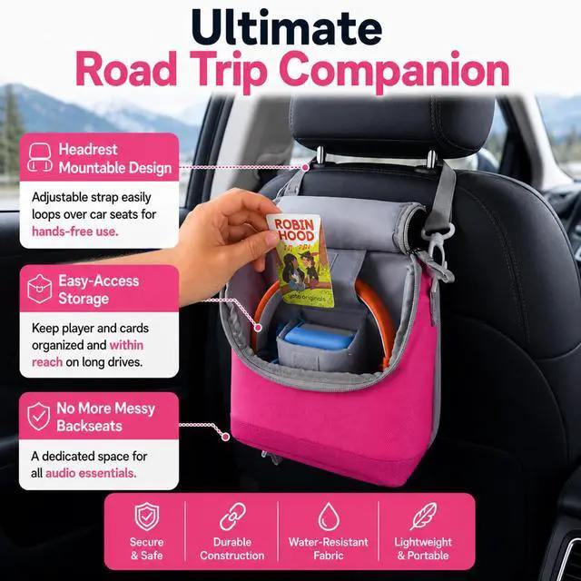 Alt view image 4 of 7 - Carrying Case for Yoto Mini 2024, Fits 42 Cards & Headphones | Velcro-secured pockets, polyester shell, strap works as shoulder carry or car headrest mount, compact travel audio organizer