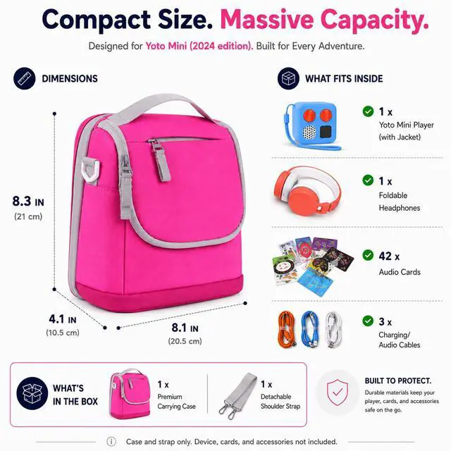 Alt view image 7 of 7 - Carrying Case for Yoto Mini 2024, Fits 42 Cards & Headphones | Velcro-secured pockets, polyester shell, strap works as shoulder carry or car headrest mount, compact travel audio organizer