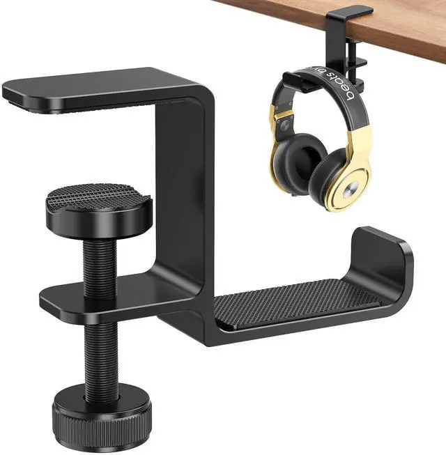 Main image of Headphone Hanger Holder Stand-Under Desk Headphone Hanger Headset Hook Holder Space-Saving Aluminum Stand with Universal Fit for Gaming PC Accessories (Black-1PCS)