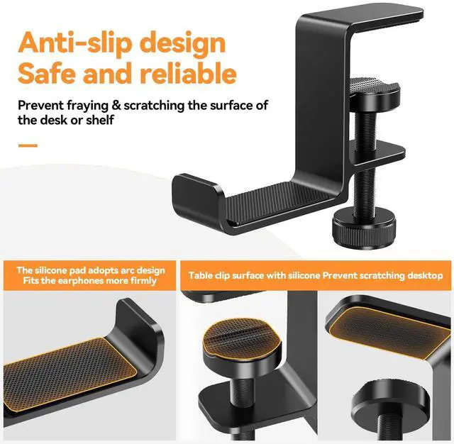 Alt view image 2 of 2 - Headphone Hanger Holder Stand-Under Desk Headphone Hanger Headset Hook Holder Space-Saving Aluminum Stand with Universal Fit for Gaming PC Accessories (Black-1PCS)