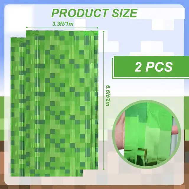 Alt view image 2 of 7 - Green Pixel Miner Foil Fringe Curtains - 2 Pack 3.3x6.6ft Metallic Video Game Birthday Photo Booth Backdrop, Door Streamers for Gamer Party Decorations & Room Wall Decor