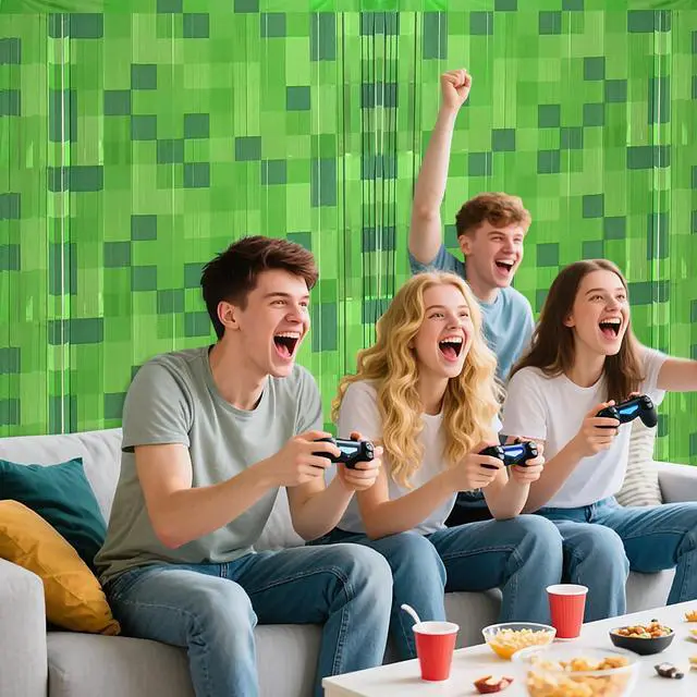 Alt view image 3 of 7 - Green Pixel Miner Foil Fringe Curtains - 2 Pack 3.3x6.6ft Metallic Video Game Birthday Photo Booth Backdrop, Door Streamers for Gamer Party Decorations & Room Wall Decor