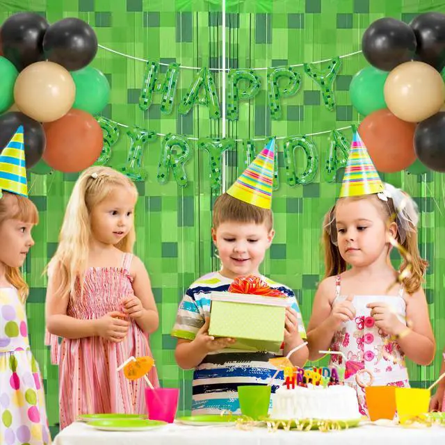 Alt view image 4 of 7 - Green Pixel Miner Foil Fringe Curtains - 2 Pack 3.3x6.6ft Metallic Video Game Birthday Photo Booth Backdrop, Door Streamers for Gamer Party Decorations & Room Wall Decor
