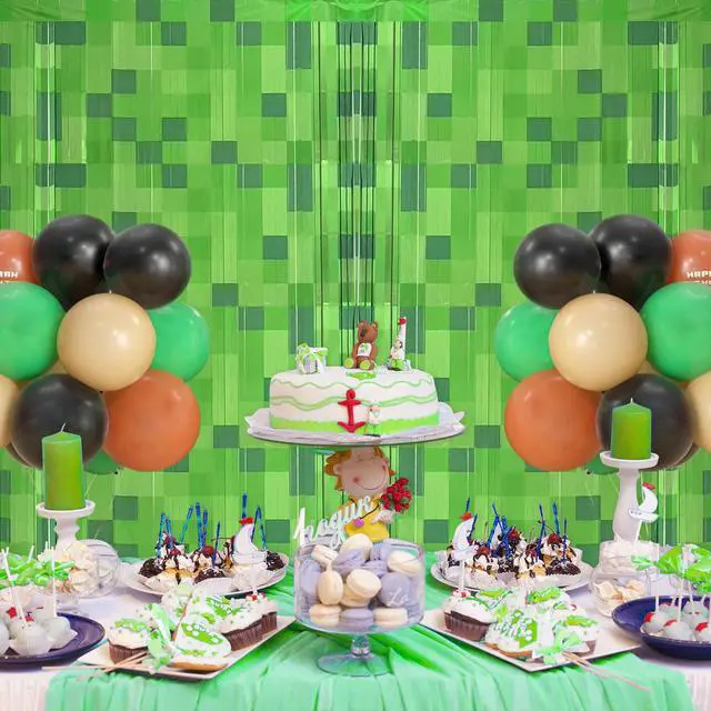 Alt view image 5 of 7 - Green Pixel Miner Foil Fringe Curtains - 2 Pack 3.3x6.6ft Metallic Video Game Birthday Photo Booth Backdrop, Door Streamers for Gamer Party Decorations & Room Wall Decor